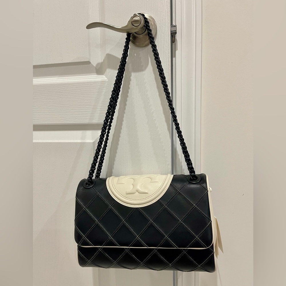 Tory Burch Fleming Black and White Quilted Leather Shoulder Bag NWT!